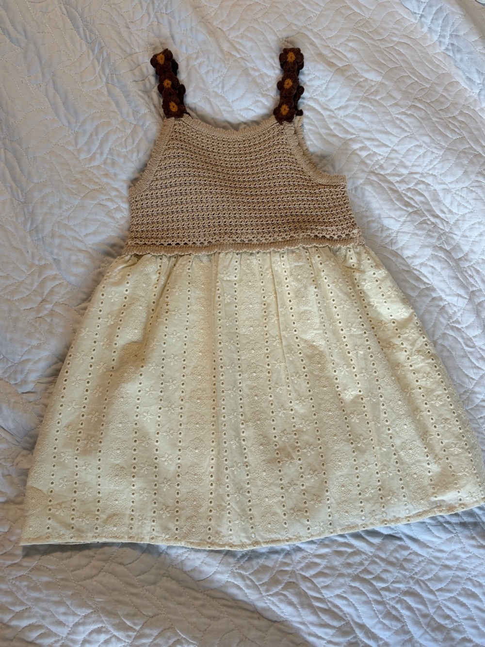 Zara Cream & Tan Crochet Top Eyelet Skirt Kids Dress